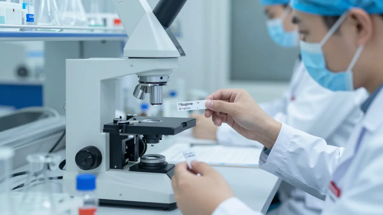 Wissenschaftler messen Thujongehalt von Absinth in einem Labor.