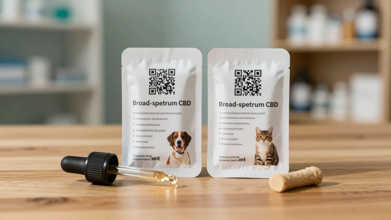 Zwei CBD-Produktetiketten für Hunde und Katzen mit QR-Codes und Zertifizierungen, neben einem Tropfer und einem Leckerli.