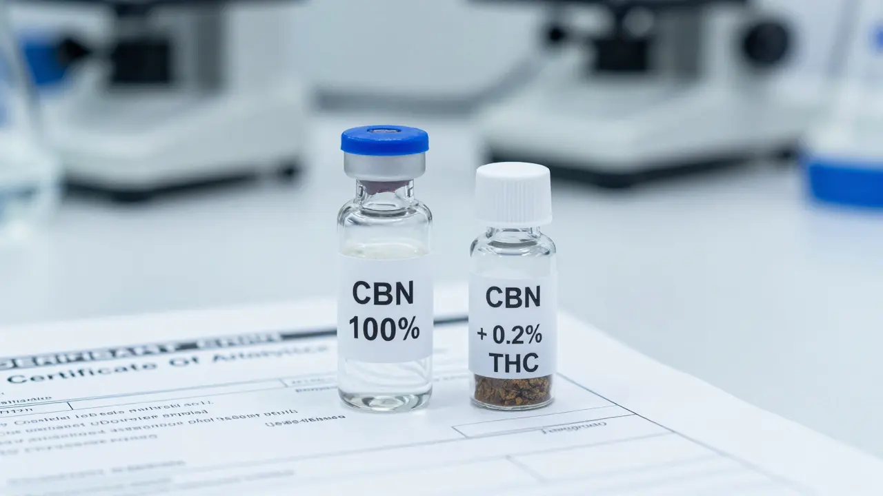 Zwei CBN-Flaschen mit und ohne THC neben einem Laborzertifikat auf einem weißen Tisch.