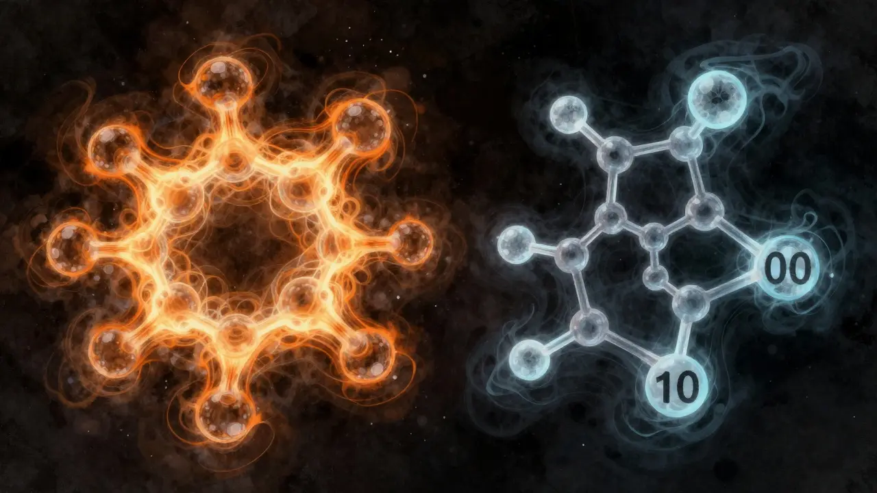 Zwei molekulare Strukturen im Vergleich: Delta-8 mit starkem goldenem Glühen, Delta-10 mit kaum sichtbarem Blau.