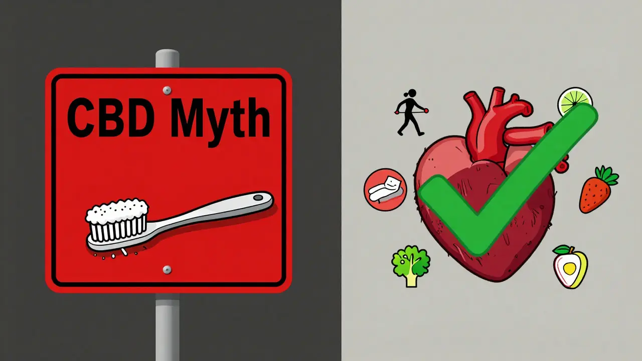 Zwei Seiten: Linke Seite zeigt einen Mythos mit Zahnbürste, rechte Seite zeigt gesunde Lebensgewohnheiten als Checkliste — visuelle Kontrastdarstellung.