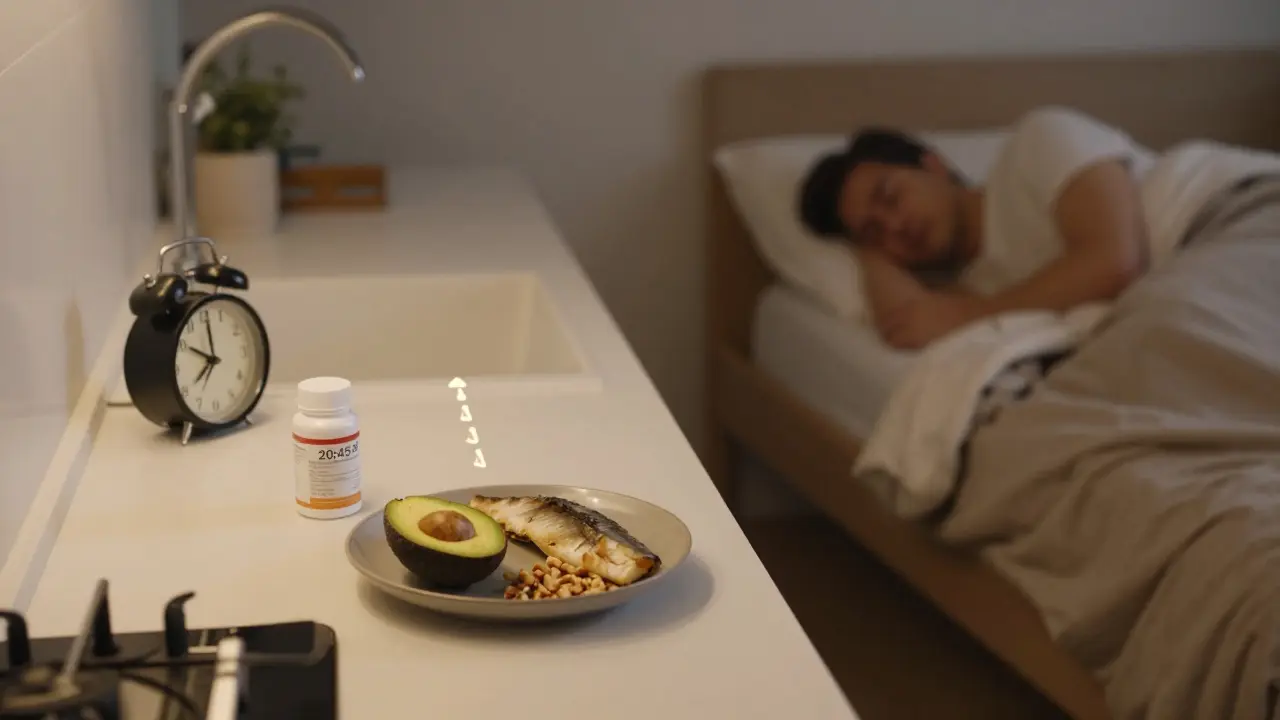 Abendroutine: Leichtes Essen, CBD-Kapsel, Bett — sanfter Lichtweg von Küche zum Schlafzimmer.