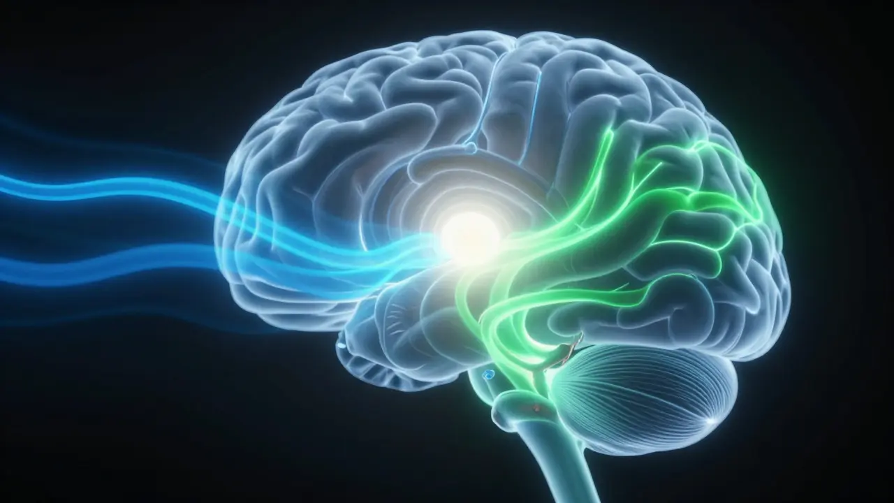 Abstrakte 3D-Darstellung von verschmelzenden Lichtbündeln im Gehirn.