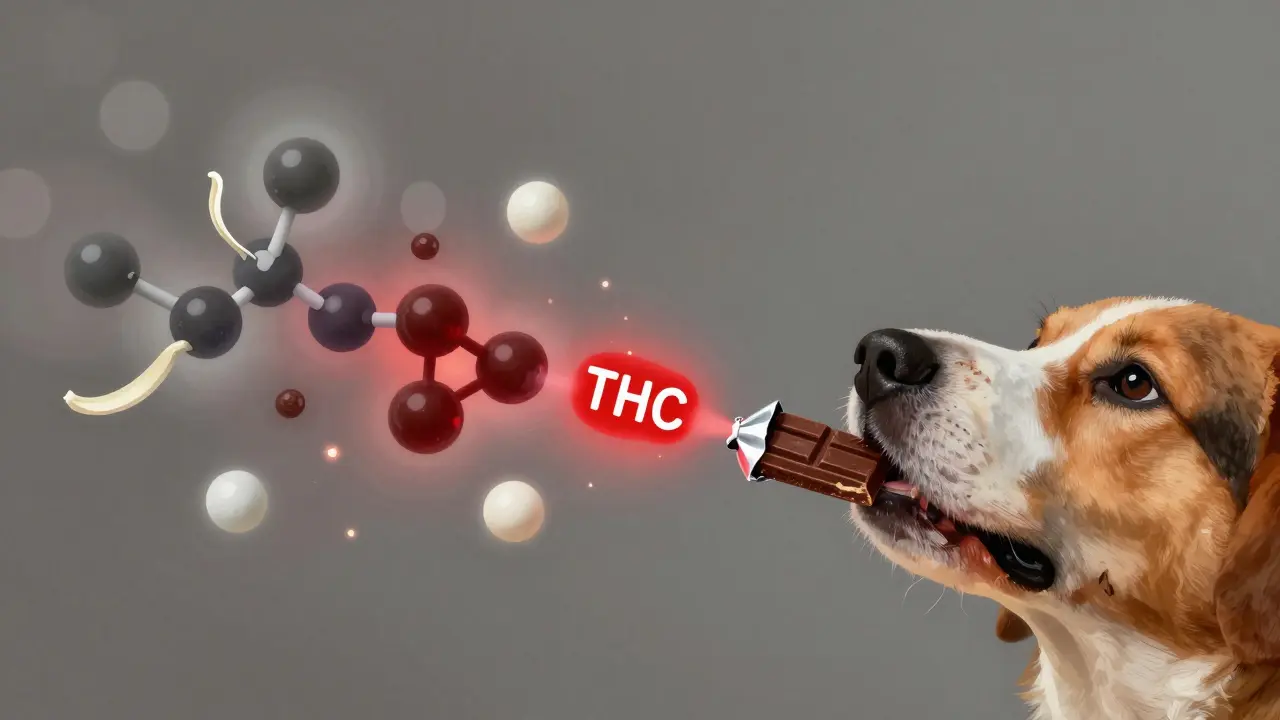 Abstrakte Darstellung von THC-Molekülen, die aus einer Schokolade steigen, während andere Gerüche verblassen.