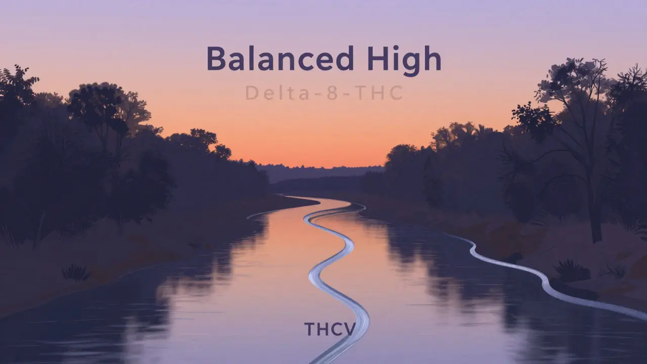 Abstrakte Landschaft mit fließendem Wasser, das Entspannung und Klarheit symbolisiert, in sanften Dämmerungsfarben.