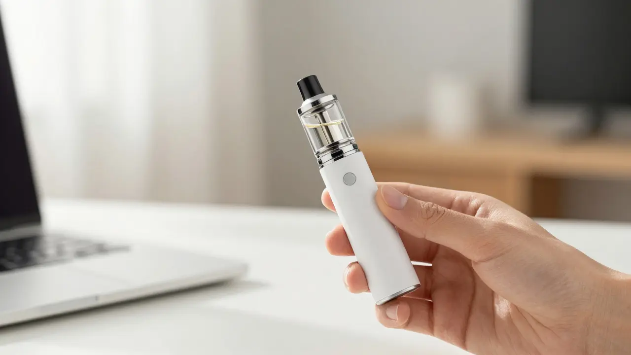 CBD-Cartridge an einem Vape-Stift, in natürlichen Licht gehalten.