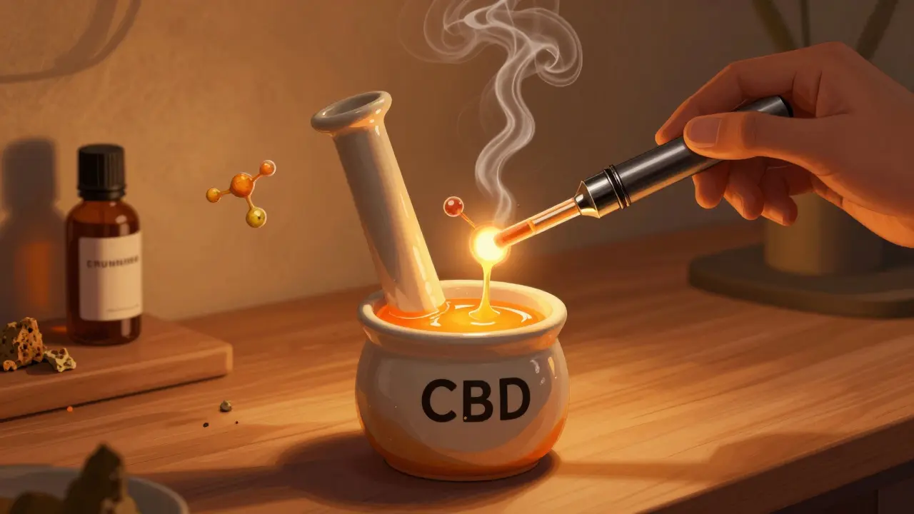 CBD Wax schmilzt in einer Dab-Rig-Anlage, Dämpfe formen Terpenmoleküle, warme Lichttöne.