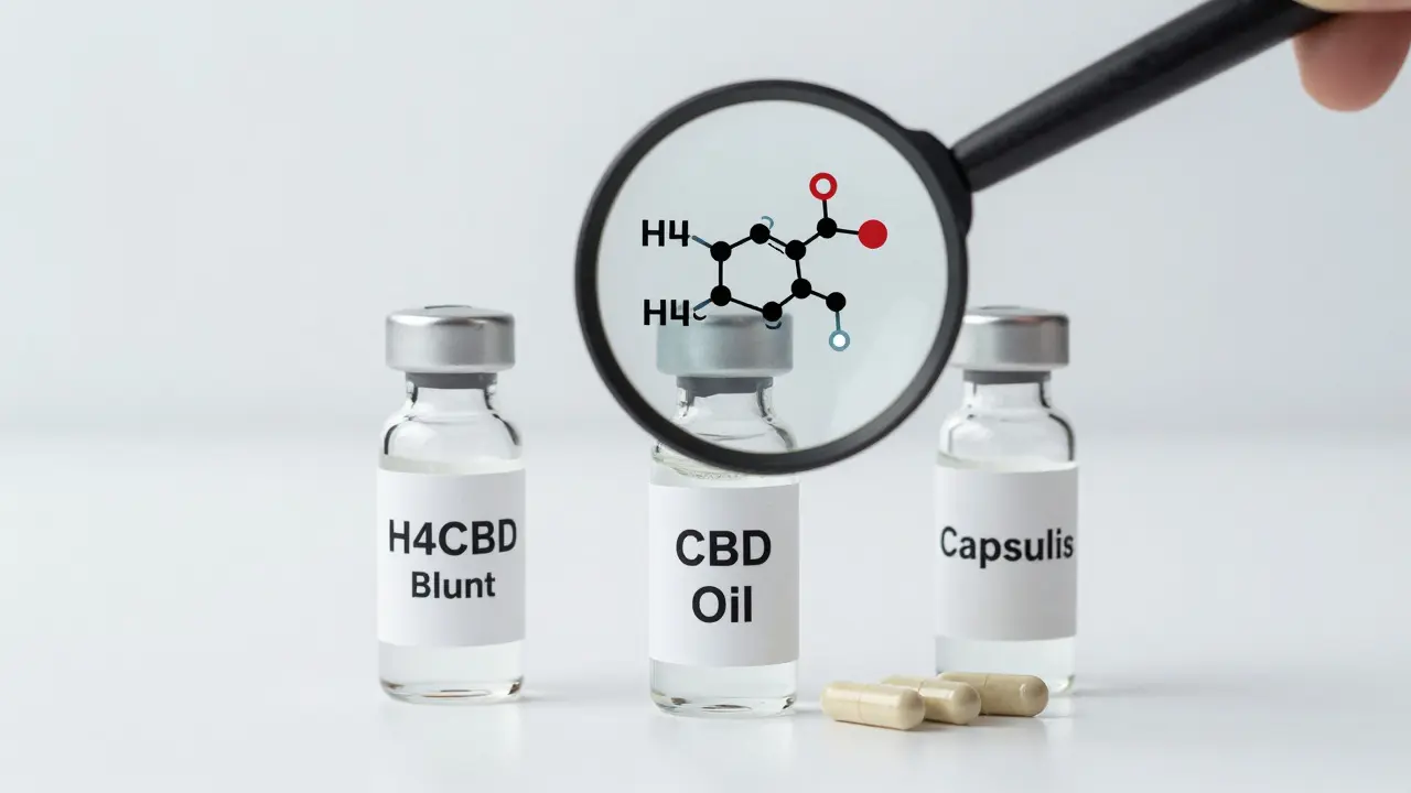 Drei Behälter mit H4CBD-Blunt, CBD-Öl und Kapseln, Magnifying Glass zeigt molekulare Bindung im Gehirn.