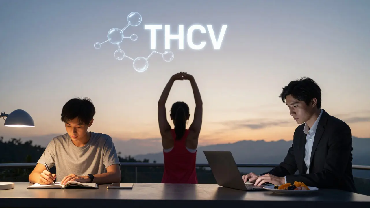 Drei Personen in unterschiedlichen Lebenssituationen, die von THCVs klarem, energisierendem Effekt profitieren.