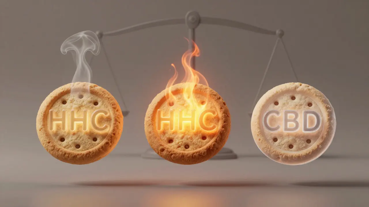 Drei transparente Cookies vergleichen HHC, THC und CBD in ihrer Appetitwirkung.