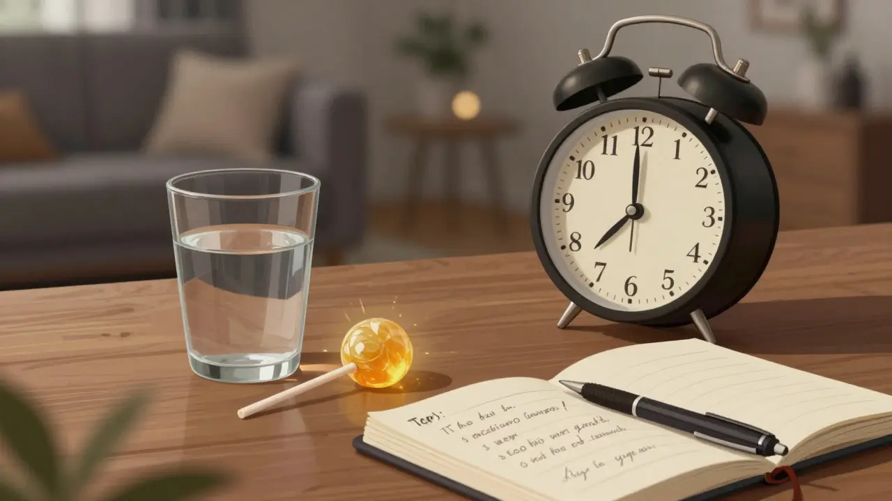 Ein Cannabis-Lutscher neben einem Notizbuch und einer Uhr bei Abendlicht.