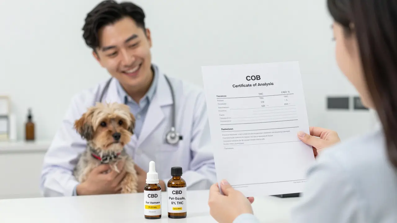 Ein Tierarzt zeigt einem Besitzer ein COA-Dokument, während er zwei CBD-Flaschen vergleicht: eine für Menschen, eine für Tiere.