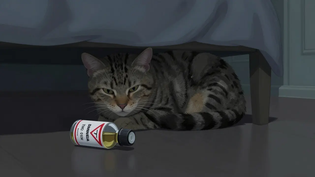 Eine Katze versteckt sich unter einem Bett, neben einer CBD-Flasche mit Warnlabel 'THC: 0,5%'.