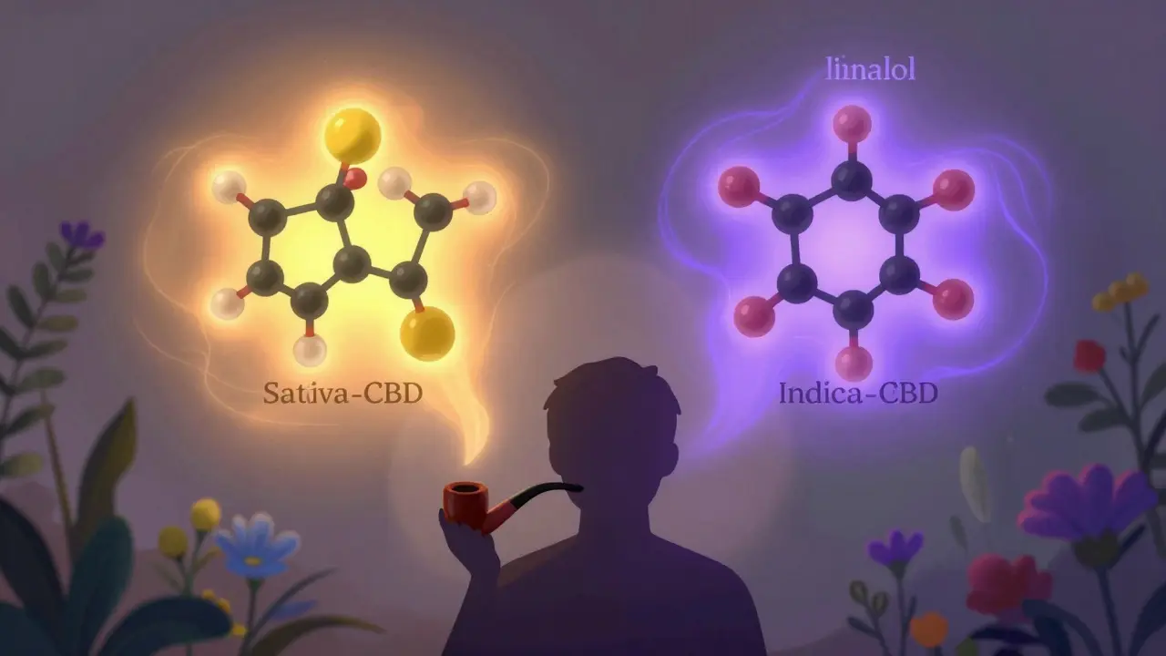 Eine menschliche Silhouette mit energetischen gelb-orangenen und beruhigenden indigo-violetten Molekülen über dem Kopf, symbolisierend Sativa- und Indica-Terpene.