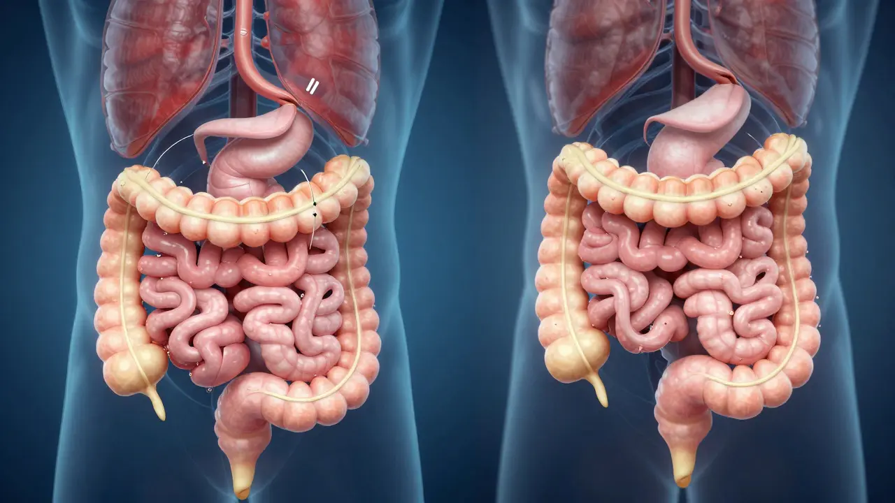 Eine schematische Darstellung eines Darmtrakts mit Blähungen als Folge hoher Ballaststoffzufuhr durch Hanfprotein.