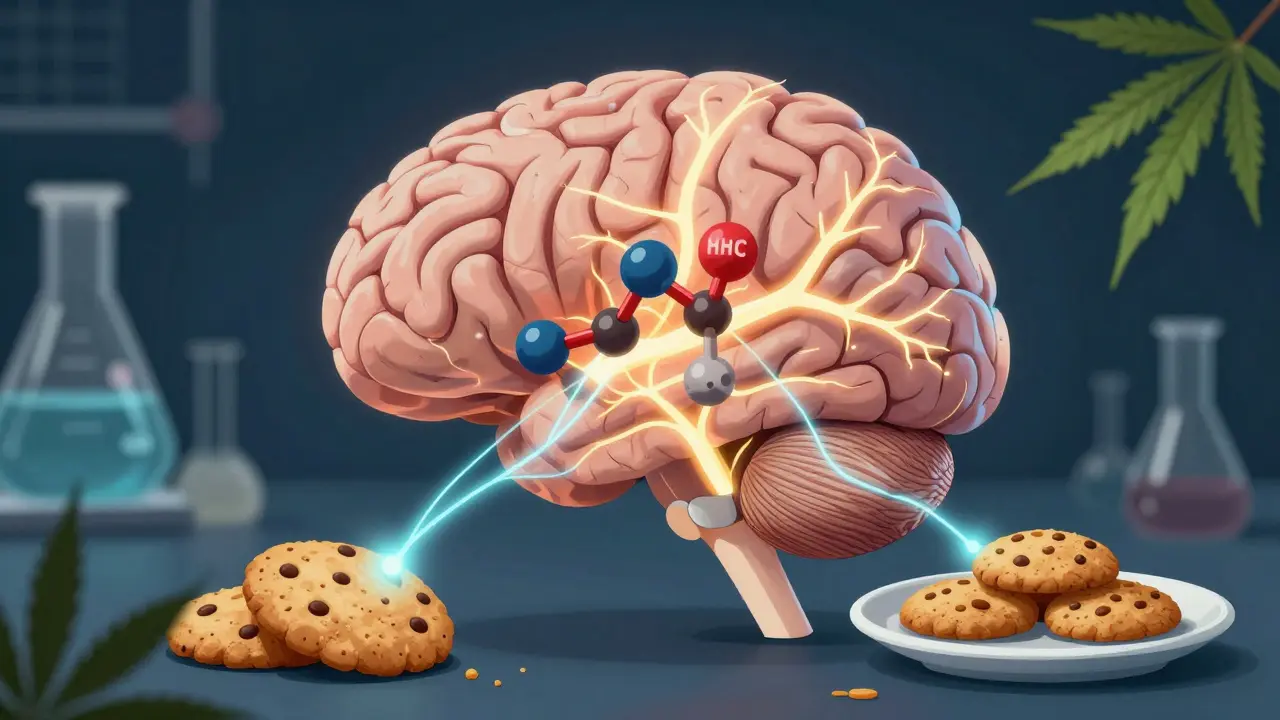 Gehirn mit aktivierten Appetit-Zentren, die durch HHC-Moleküle angeregt werden.