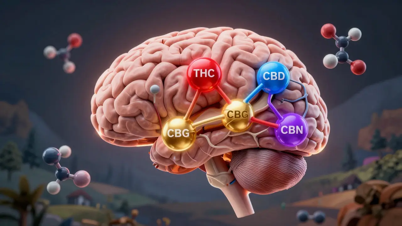 Gehirn mit farbigen Wegen, die THC, CBD, CBG und CBN darstellen, in wissenschaftlichem Stil.