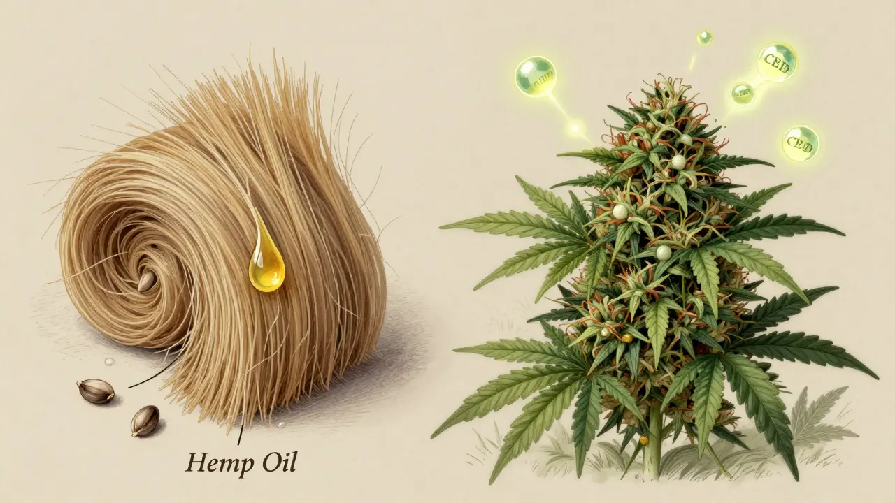 Gespaltenes Hanfplantenbild: Samen und Öl auf der einen Seite, CBD-Moleküle und Blüten auf der anderen.