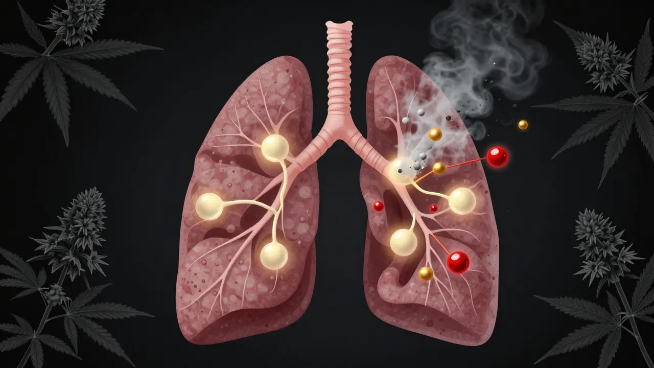 Gesunde Lunge mit CBD-Molekülen, die Entzündungen reduzieren, während Schadstoffe abgewehrt werden.