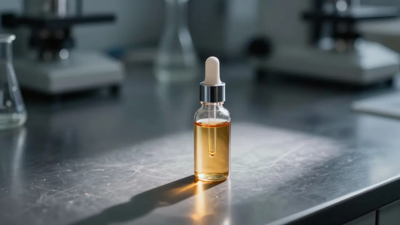 Glasflasche im Labor, repräsentiert synthetische Herstellung und Risiken.