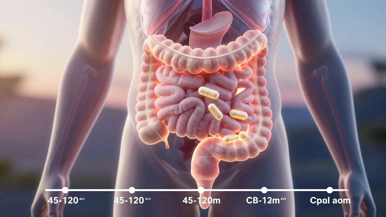 Illustration des Verdauungstrakts mit CBD-Aufnahme über 45 bis 120 Minuten, Übergang von Tag zu Nacht.