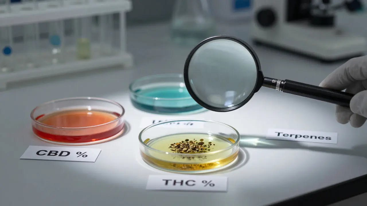 Laborbank mit drei Petrischalen, die CBD, THC und Terpene darstellen, eine Lupe fokussiert auf die Terpen-Schale mit farbigen chemischen Strukturen.