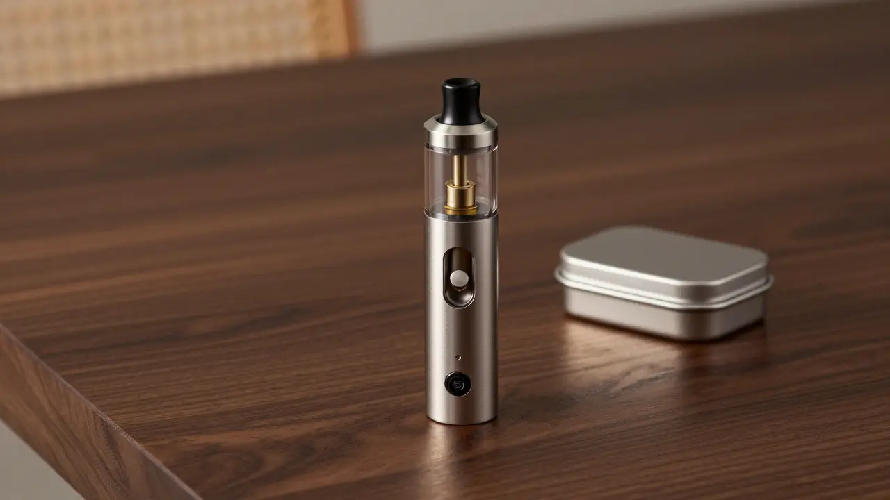 Moderne elektronische Verdampfervorrichtung für Konzentrate auf Holzoberfläche