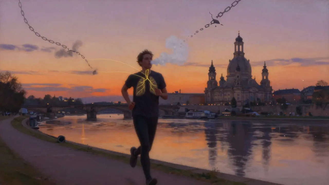 Person jogging by a river as glowing threads connect lungs to clean air, representing long-term healing.
