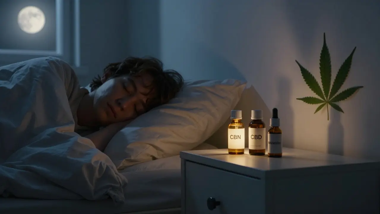 Person schläft friedlich, neben ihr Flaschen mit CBN und CBD, Mondlicht durch das Fenster.