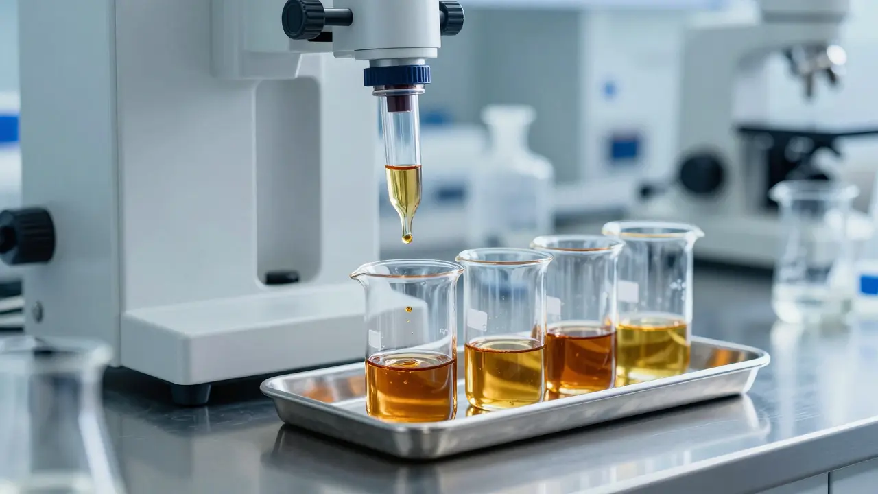 Steriles Labor mit Glasfläschchen und bernsteinfarbenen Ölextrakten