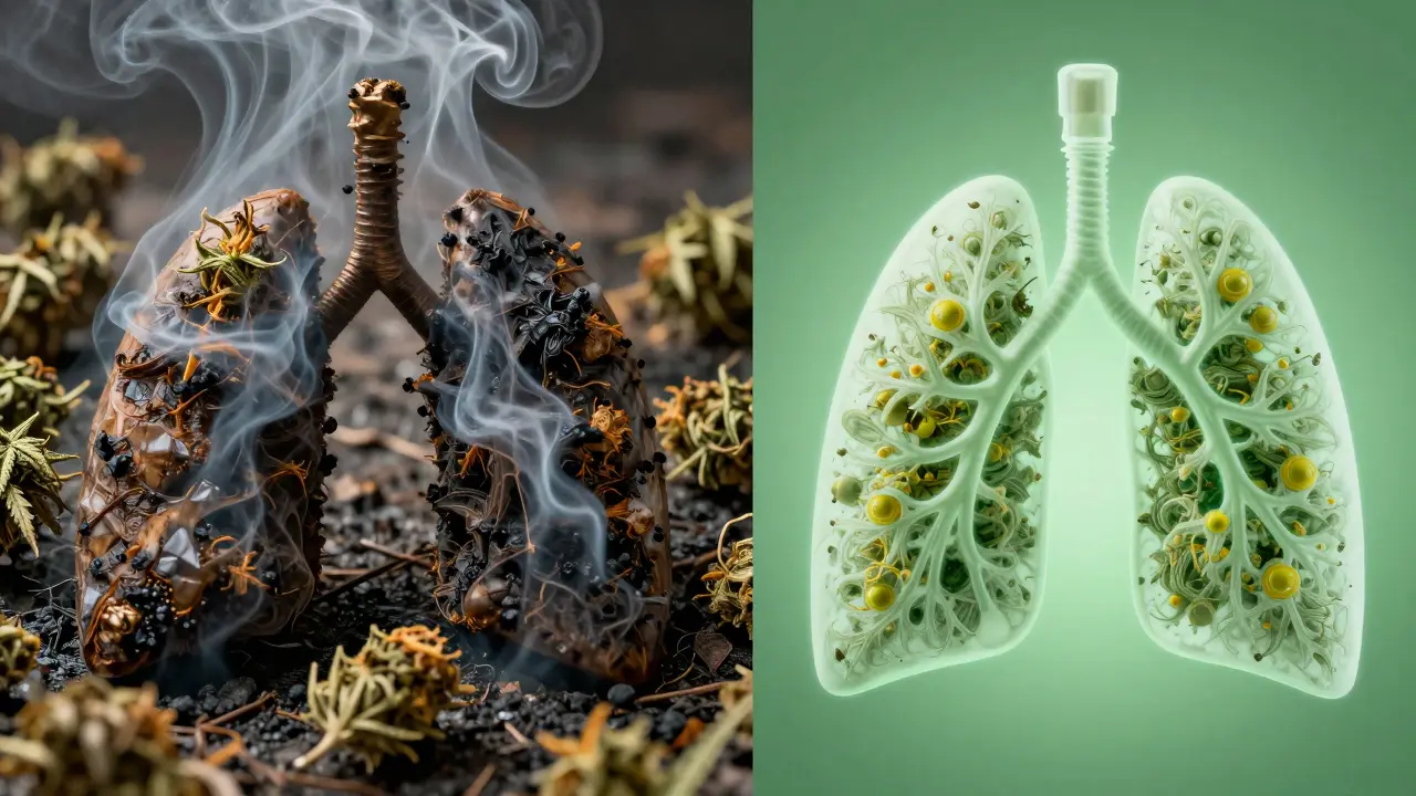 Vergleich: Beschädigte Lunge durch Rauch vs. gesunde Lunge durch reinen Dampf.