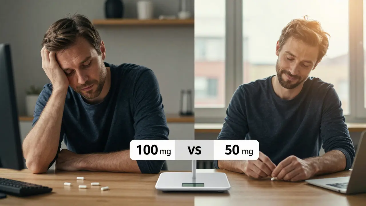 Vergleich: Erschöpfter Mann mit zu viel CBD vs. entspannter Zustand nach reduzierter Dosis.