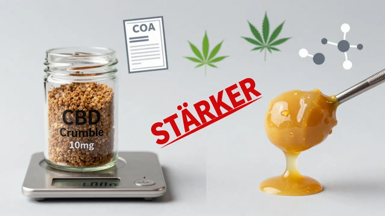 Vergleich von CBD Crumble und Wax: saubere Dosierung links, klebrige Masse rechts, durchgestrichenes 'stärker'.