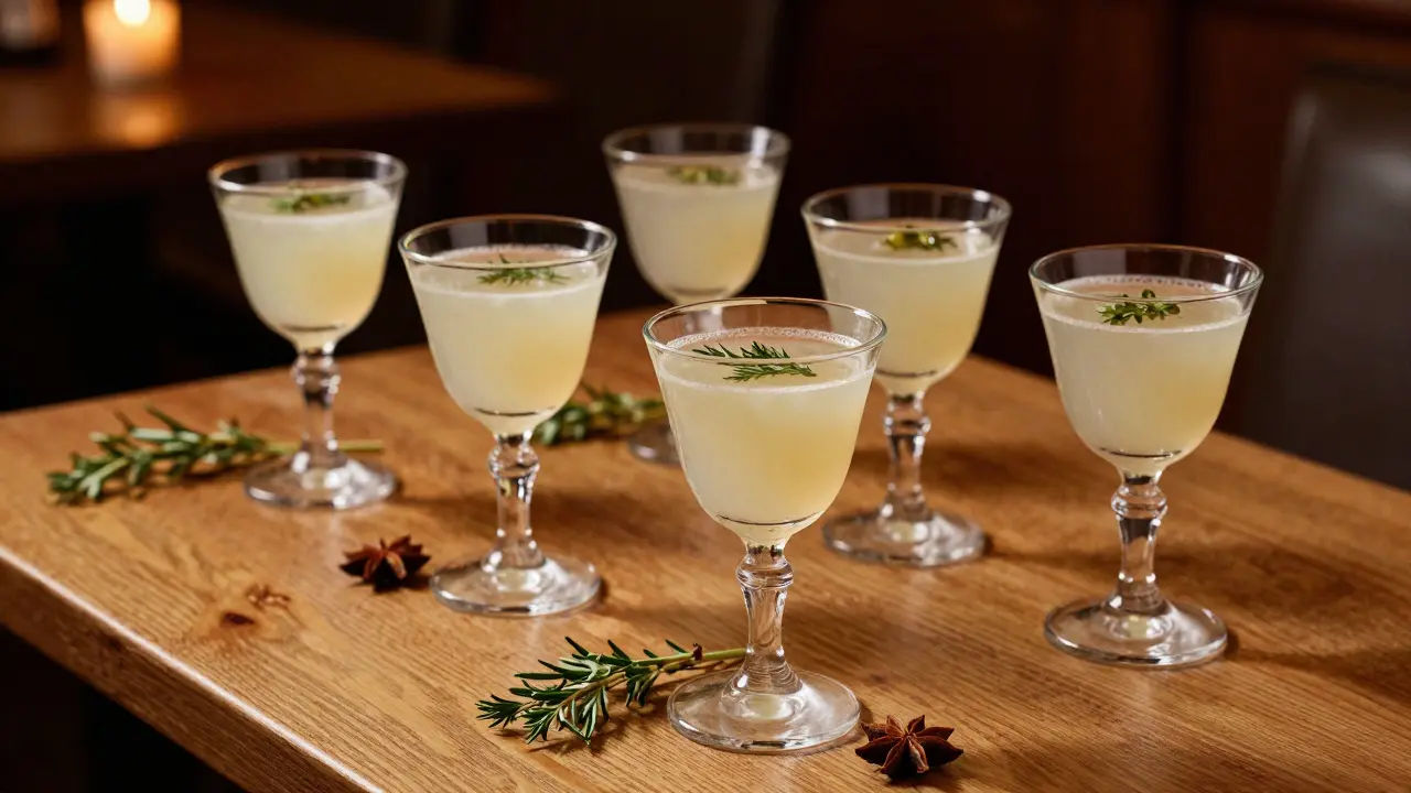 Vorbereitetes Absinth auf Holztisch bei Kerzenlicht