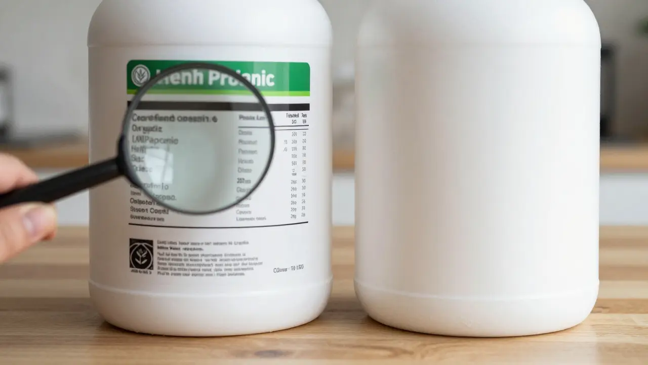 Zwei Hanfprotein-Dosen nebeneinander: eine mit Bio-Zertifikat und Laborbericht, die andere ohne Kennzeichnung.