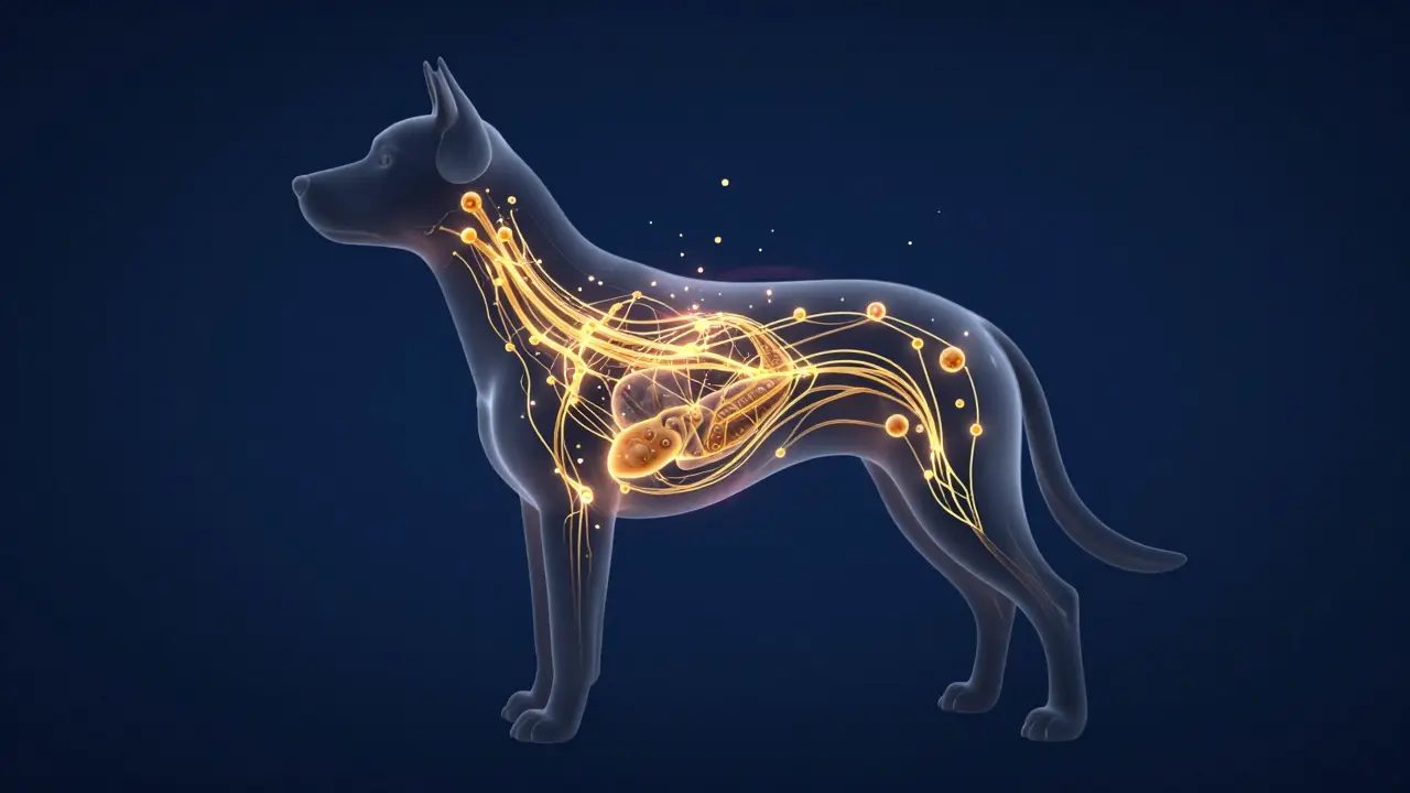 3D-Illustration des Endocannabinoid-Systems eines Hundes mit glühenden Rezeptoren.