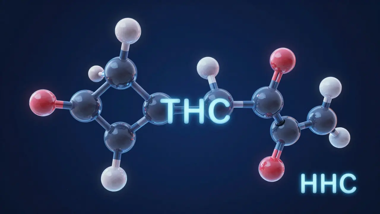 3D-Visualisierung der chemischen Struktur und Hydrierung von THC zu HHC in einem dunklen Raum.