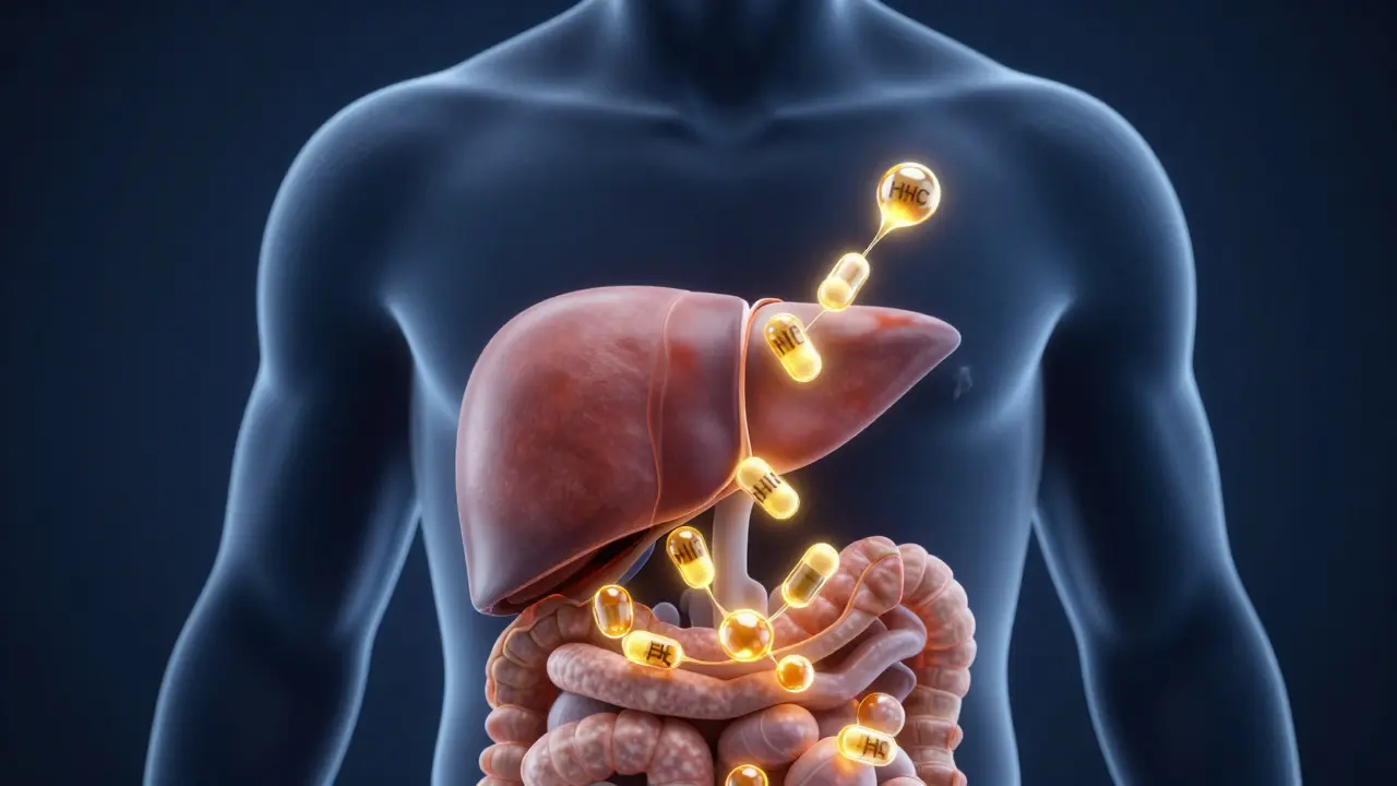 Abstrakte Darstellung von HHC-Molekülen, die sich in den Fettzellen des Körpers speichern.