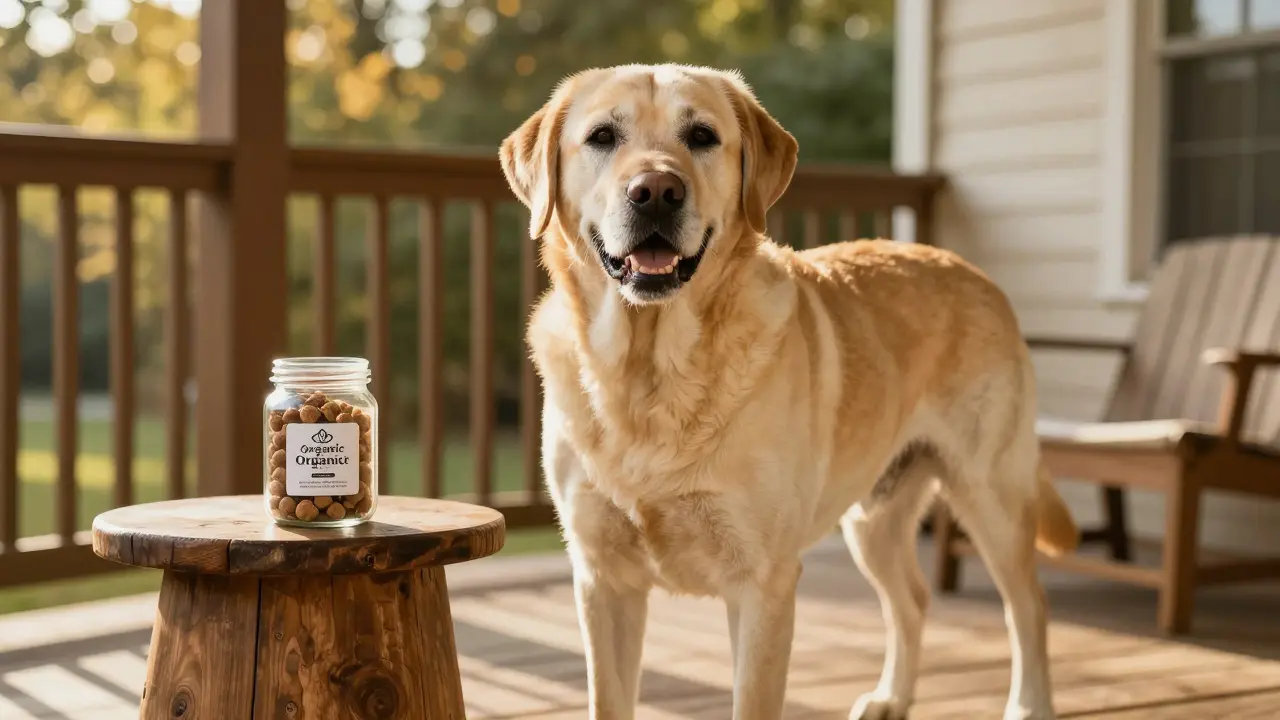 Älterer Labrador steht entspannt und gesund in der warmen Morgensonne auf einer Terrasse.