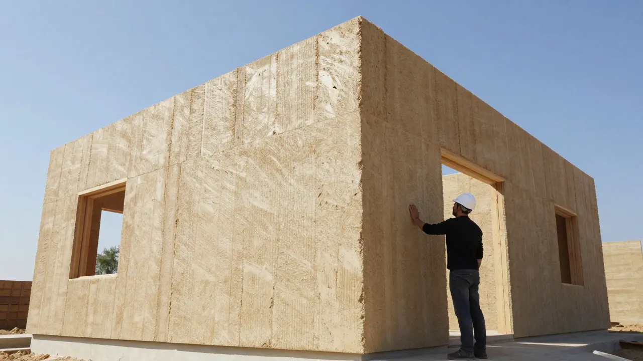 Baustelle eines nachhaltigen Hauses mit Hanfbetonwänden