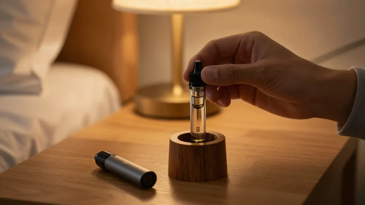 CBD-Cartridge wird aufrecht in einem Halter auf einem Nachttisch platziert.