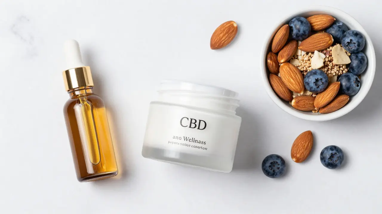 CBD-Öl, Gesichtscreme und gesunde Snacks auf einer Marmorfläche.