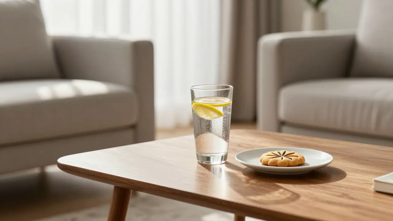 Ein Cannabis-Keks und ein Glas Wasser auf einem Tisch in einem sonnigen Wohnzimmer.