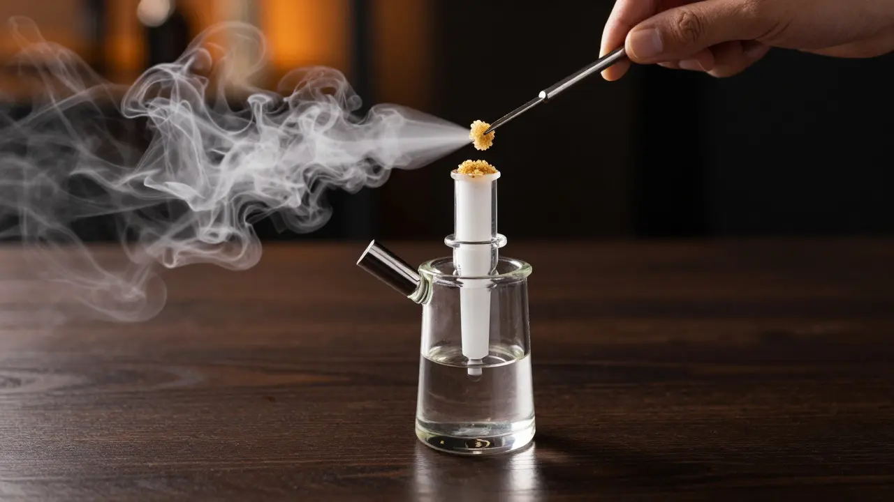 Ein Dab Rig mit einem Metallwerkzeug, das CBD Crumble auf einen heißen Nagel gibt.