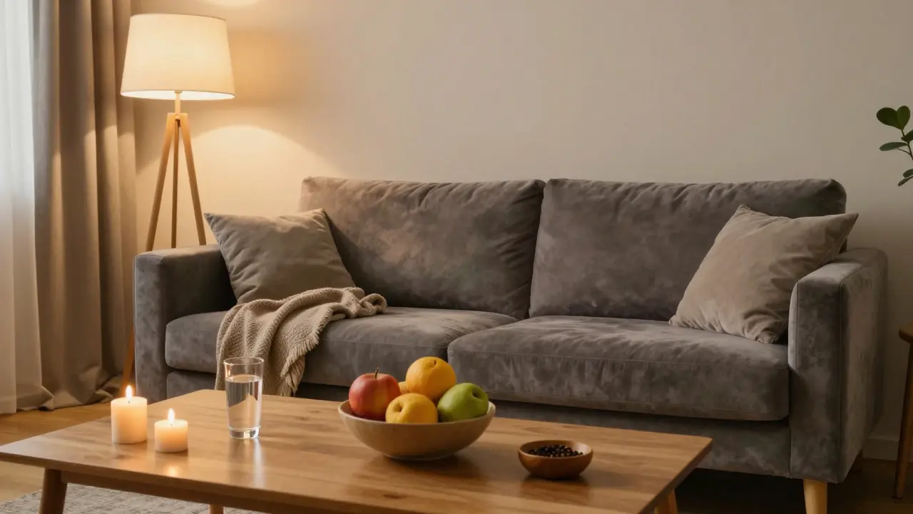 Ein gemütliches, sicheres Wohnzimmer mit Sofa, Wasser und einer Schale Pfefferkörner.