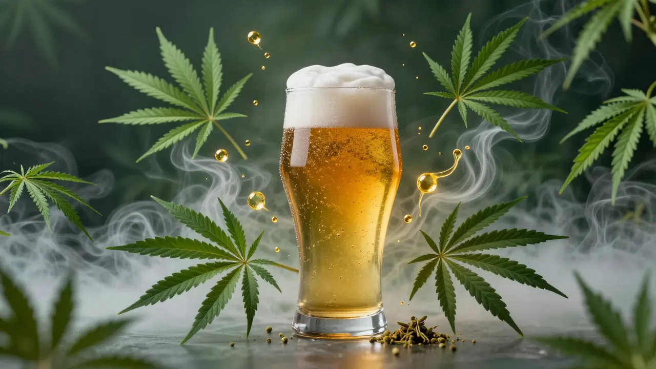 Ein Glas Cannabis-Bier umgeben von Hanfblättern und goldenen Aromastoffen.