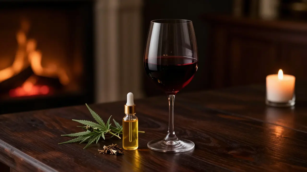 Ein Glas Rotwein neben einem Tropfen goldenem Cannabis-Extrakt auf einem Holztisch.