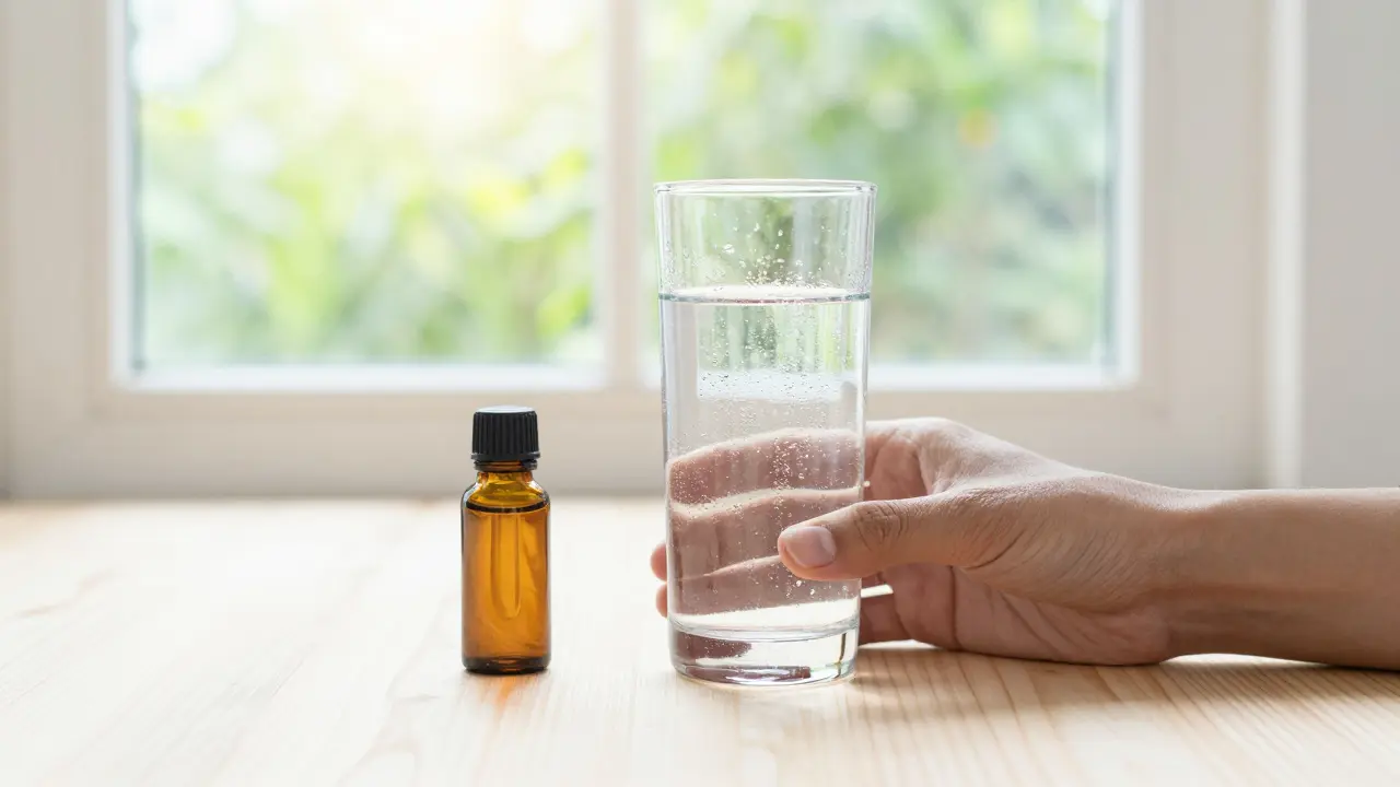 Ein Glas Wasser und CBD-Öl in einer hellen Umgebung für schnellere Genesung.
