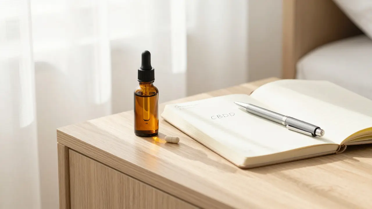 Ein Set aus CBD-Öl, einer Kapsel und einem Vape-Pen auf einem hellen Nachttisch.