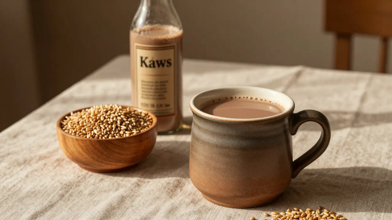 Ein traditionelles Malzgetränk und Kvas neben Getreidekörnern auf einem Holztisch.